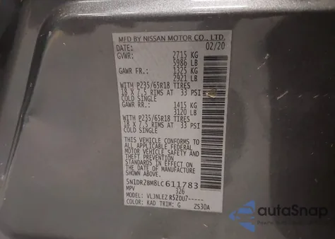 2020 Nissan Pathfinder Sv 4Wd z USA, uszkodzony, nr VIN 5N1DR2BM8LC611783